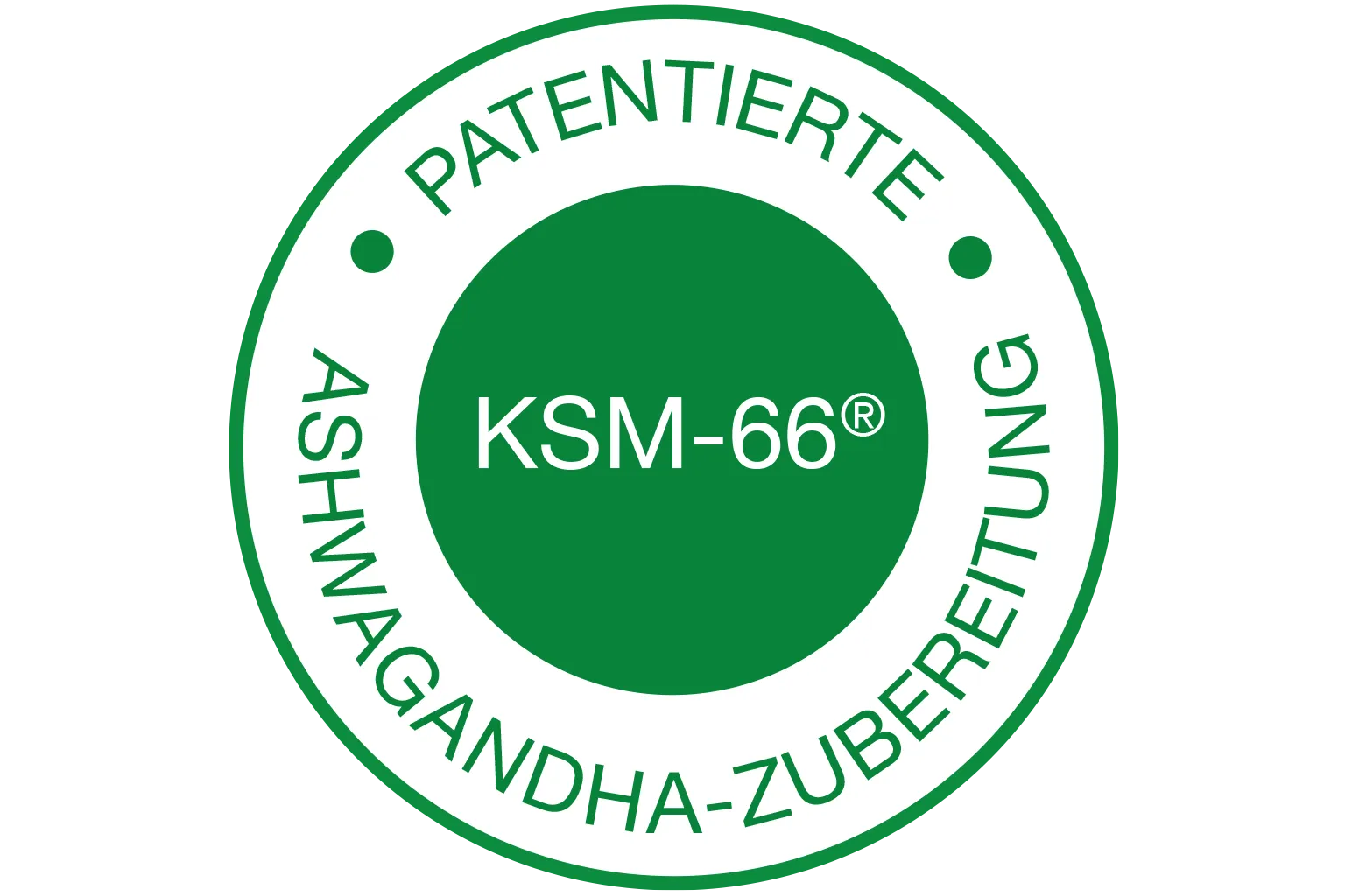 Grünes Rundsiegel mit der Aufschrift „Patentierte Ashwagandha-Zubereitung KSM-66®“, das die Qualität und spezielle Herstellung des Extrakts kennzeichnet.