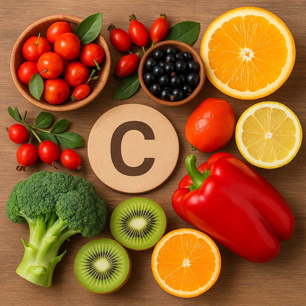 Verschiedene vitamin-C-reiche Lebensmittel, darunter Orangen, Zitronen, Kiwis, Hagebutten, schwarze Johannisbeeren, Paprika, Brokkoli und Acerolakirschen, arrangiert um ein rundes Schild mit dem Buchstaben „C“.